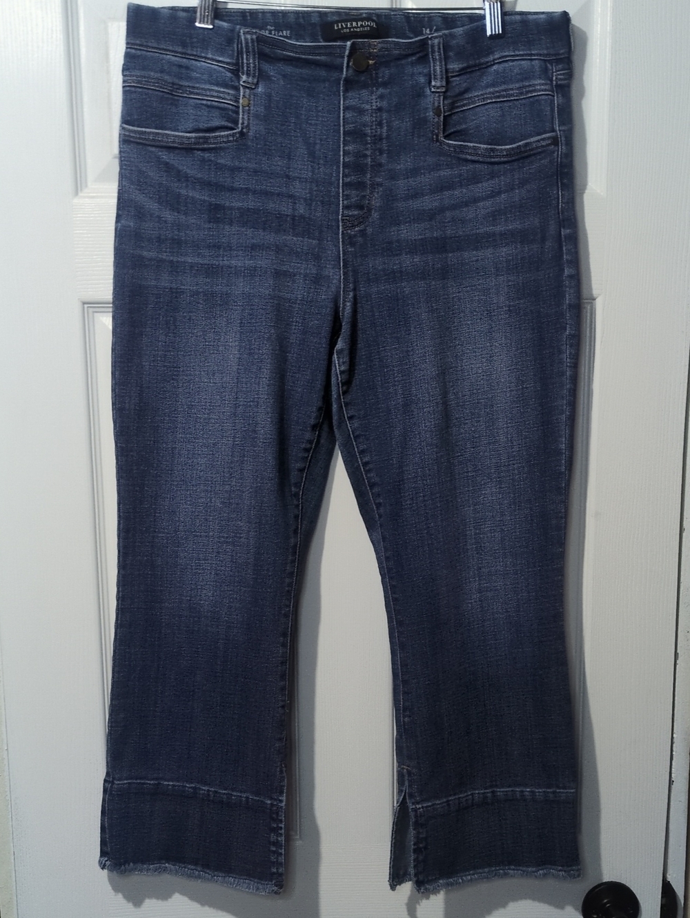 Dark Blue Hannah Cropped Wide Leg Jeans Slit Boho Summer Casual Whiskered 14/32